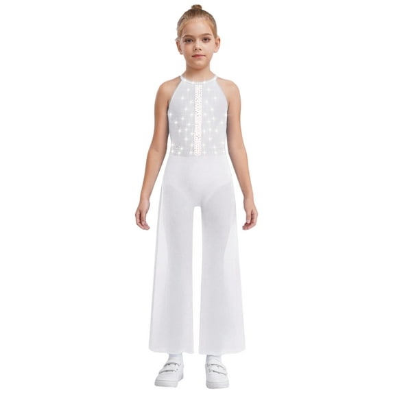 zdhoor Kids Girls Lyrical Latin Jazz Dance Jumpsuit Shiny Rhinestone Romper Dance Gymnastics Leotard Wide Leg Bodysuit White 16
