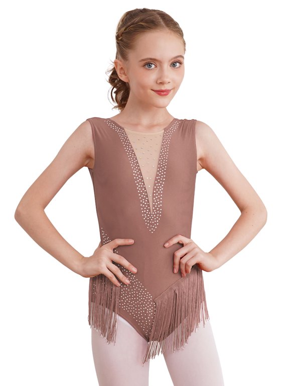 Kids Girls Rhythmic Gymnastics Leotard Shiny Rhinestone Sleeveless Tassel Figure Skating Dress Dusty Pink 12