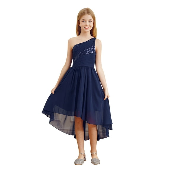 zdhoor Kids One Shoulder Sequin Chiffon Dress Flower Girls Wedding Birthday Party Dance Performance Navy Blue 10