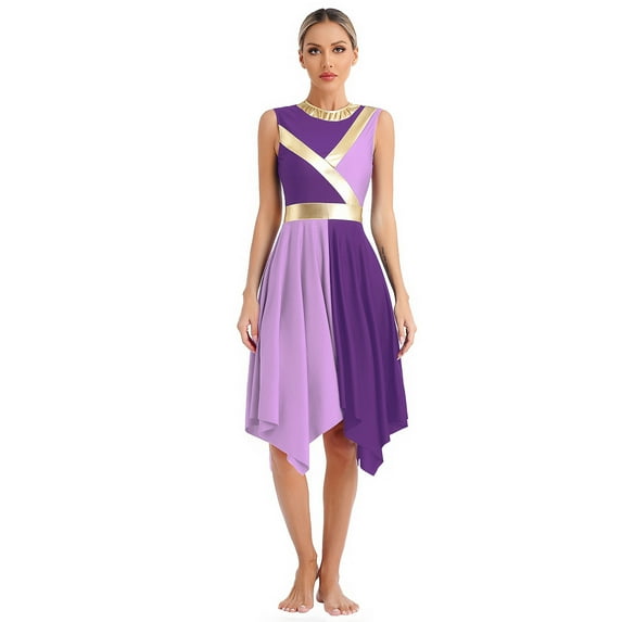 zdhoor Liturgical Praise Dance Dress For Women Sleeveless Worship Dance Dress Asymmetrical Lyrical Purple&Light Purple L