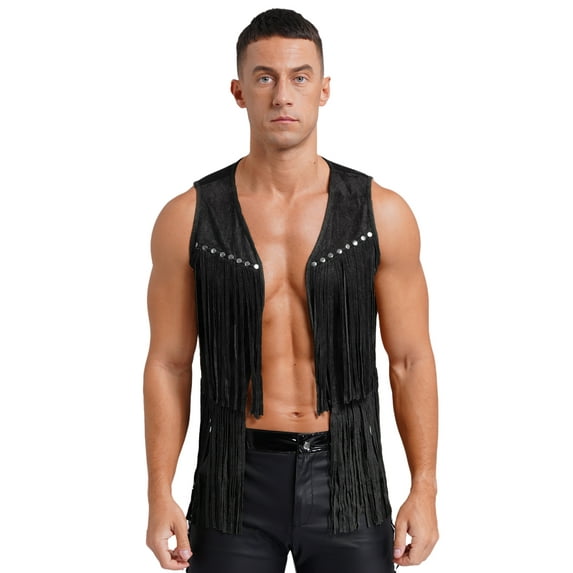 zdhoor Men's Cowgirl Costume Sleeveless Fringe Waistcoat Western Cowboy Tassel Vest Cosplay Outfits Black XL
