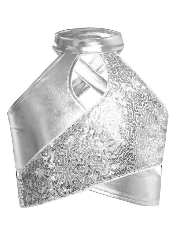 Sequins Tops for Girl Metallic Sparkly Jazz Dance Crop Top Rave Party Vests Dancewear Silver 12