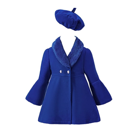zdhoor Toddler Girls Wool Blend Pea Coat Jacket Kids Winter Warm Windproof Outerwear with Beret Hat Royal Blue 120