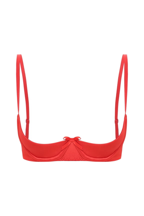 Women's Satin Balconette Bra Demi Half Cup Push Up Underwire Bra Lingerie Shelf Bra Tops Red M