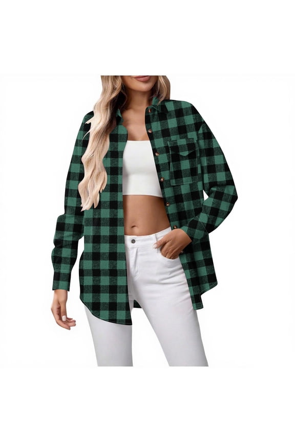Plaid Shirt for Women Casual Flannel Long Sleeve Button Down Lapel Outwear Warm Fall Winter Blouses