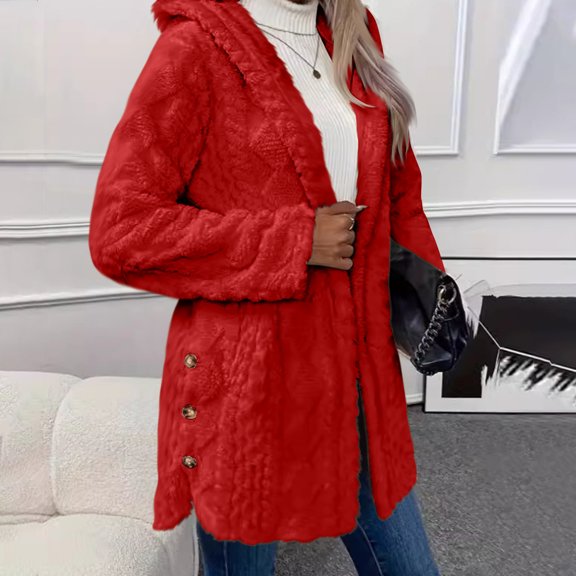 zejinsd Women's Winter 2025 Long Sleeve Hooded Warm Fleece Open Front Hooded Cardigans Jacket Solid Color Button Top Coat Outerwear with Pocket