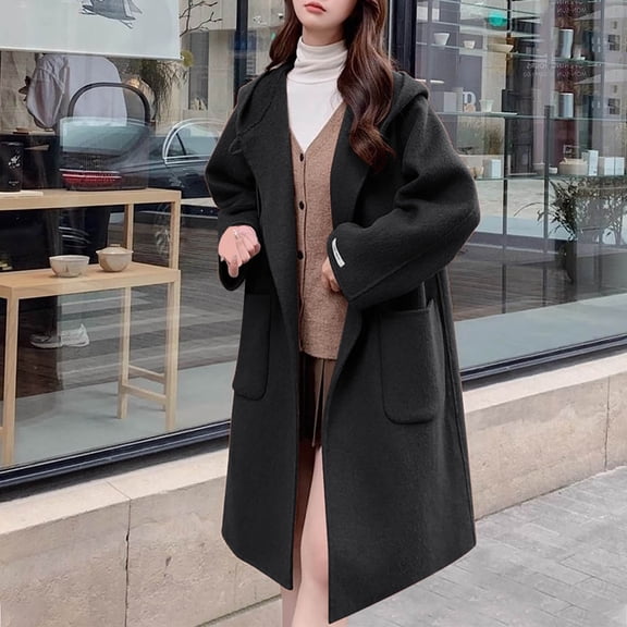 zejinsd Women's Winter Wool Coat Casual Hooded Solid Wool Coat Pea Coat Long Wool Coat Jacket Hooded Casual Trench Coat Overcoat