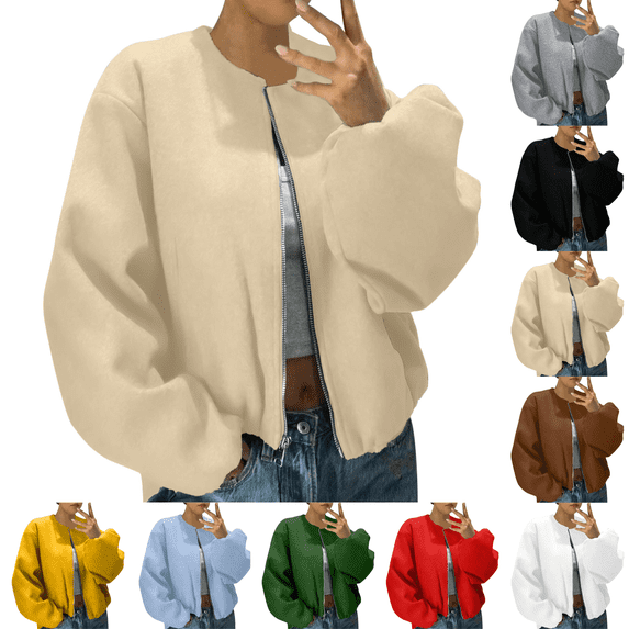 zejinsd Womens Lightweight Jackets Solid Color Zip Up Casual Loose Outwear Hoodless Stand-Up Collar with Double Pockets