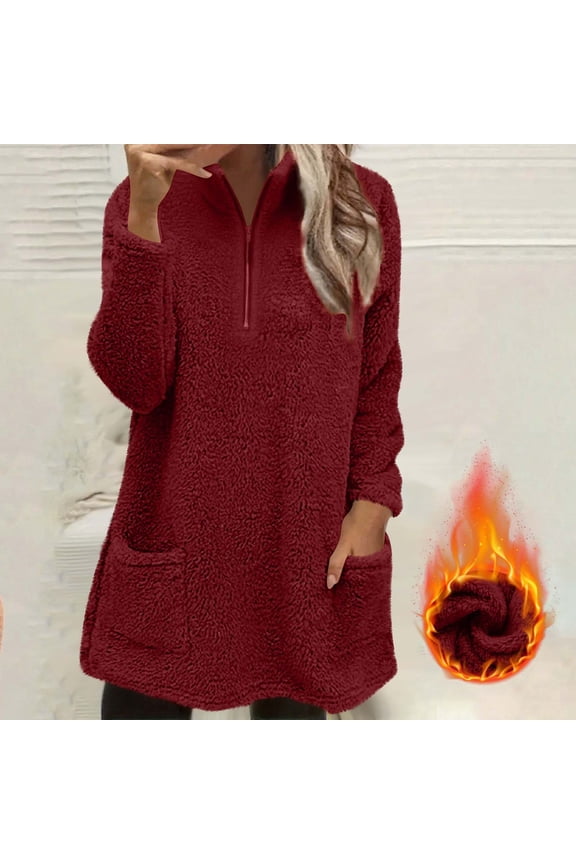 Womens Sherpa Fuzzy Fleece Pullovers Tops Quarter Zipper Stand-Up Collar Long Sleeve Loose Sweaters Fluffy Coat