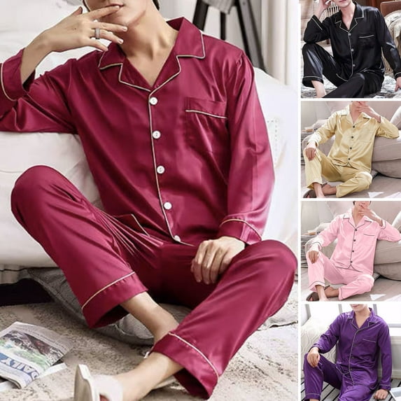zeranth 1 Set Men Sleepwear Solid Color Long Sleeved Single Breasted Home Wear Ice Silk Loose Plus Size Pajamas Set for Home