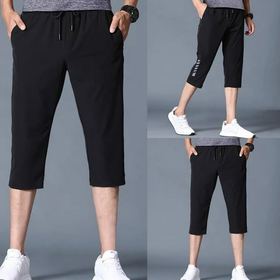 zeranth 3/4 Pants Solid Color Stretchy Men Drawstring Pockets Cropped Trousers for Sports