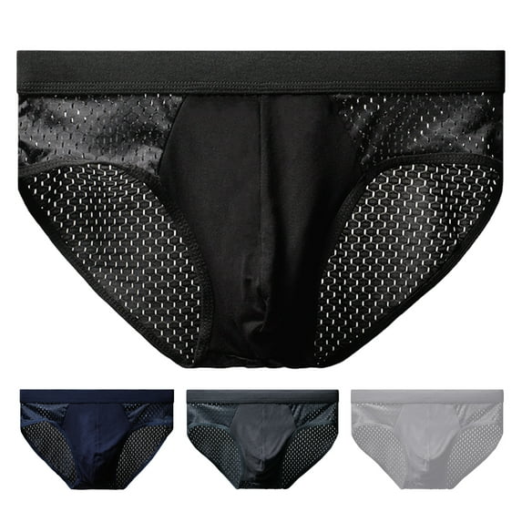 zeranth Men Briefs Mid-rise Elastic Waist Mesh Stitching Ice Silk Panties Breathable Solid Color U-Convex Underwear Daily Wear