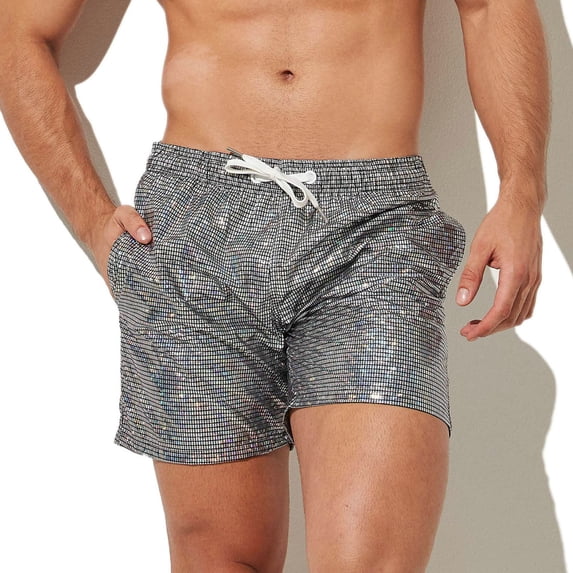 zeranth Men Gym Shorts Drawstring Elastic Waist Sequin Solid Color Soft Breathable Quick Dry Fitness Jogging Exercise Beach Sportswear Shorts