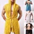 thumbnail image 1 of zeranth Men Sexy Hooded Nightgown Sleeveless Solid Color Hollow Out Mesh Summer Loungewear Lace-up Night Robe Homewear, 1 of 7