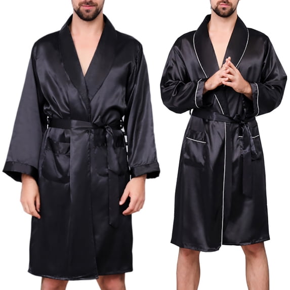 zeranth Men Summer Imitation Silk with Pockets Waist Belt Bath Robe Home Gown Sleepwear