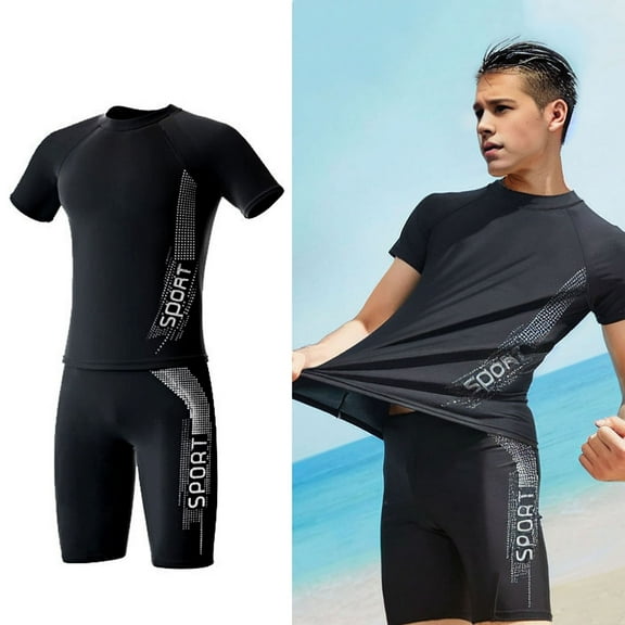 zeranth Men Swimming Shorts Water Sport Top O Neck Short Sleeve Slim Fit Elastic Breathable Quick-drying Striped Knee Length Pants Surfing Wading Sports Clothes Swimwear