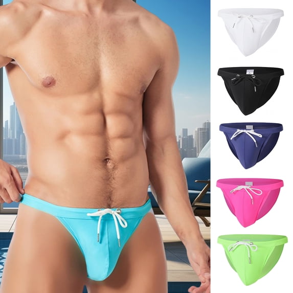 zeranth Men Triangle Swimming Briefs Low Waist Anti-exposure Drawstring Solid Color Soft Quick Dry Breathable Slim Fit Bathing Surfing Water Sports Swimming Trunks