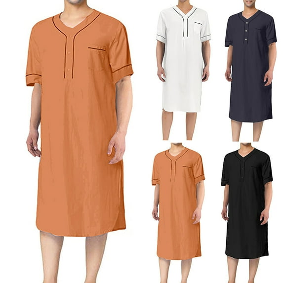 zeranth Men V-neck Short Sleeve Casual Nightgown Patch Pocket Solid Color Mid-calf Length Sleep Robe Leisure Nightdress Home Wear