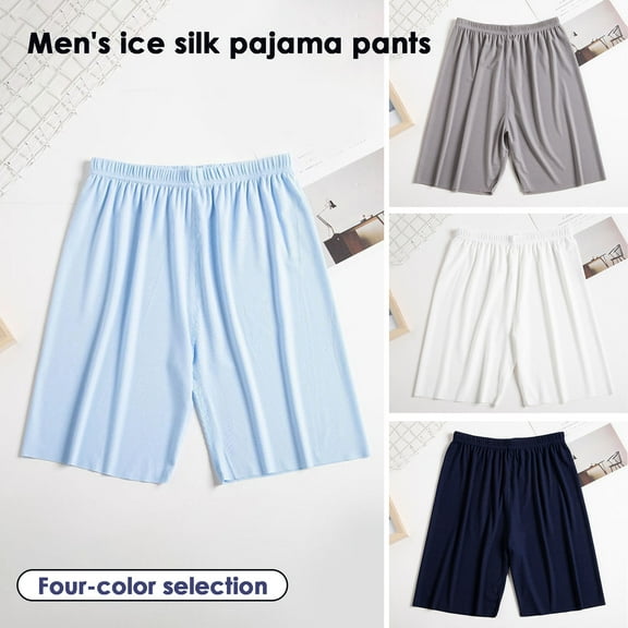 zeranth Mid-rise Elastic Waistband Pajama Shorts Ribbed Colorfast Breathable Wide Leg Men Ice Silk Pajama Pants Homewear
