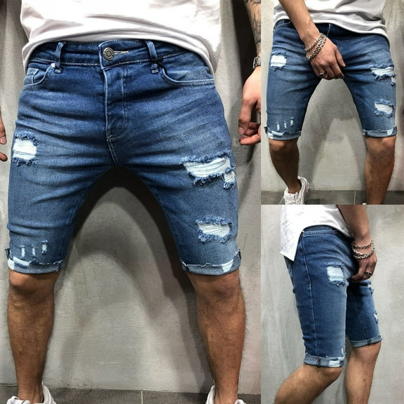 zeranth Short Jeans Ripped Skinny Men Zipper Closure Pockets Shorts for Party