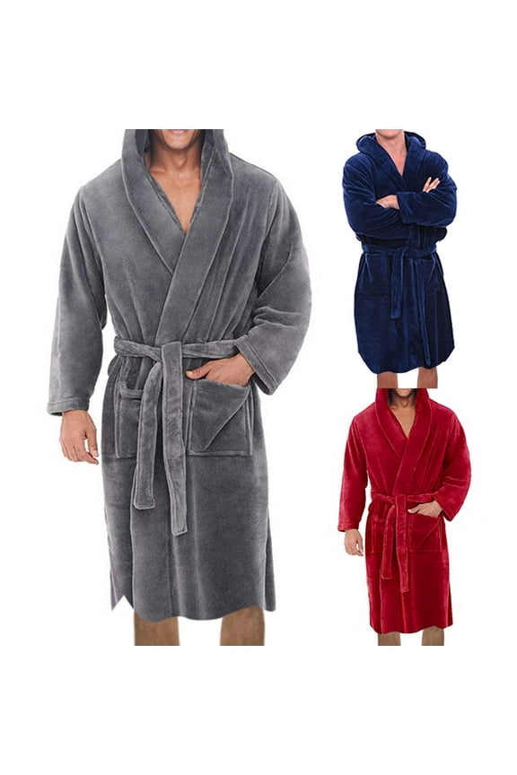 Solid Color Belt Flannel Bath Robe Hooded Pockets Warm Men Nightgown Home Clothes