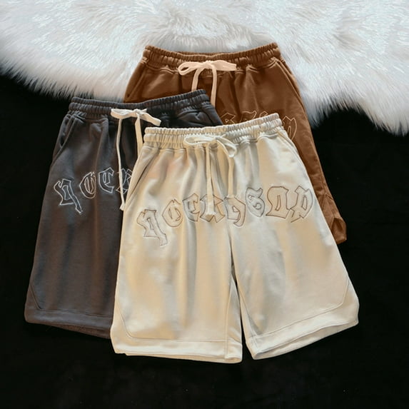 zeranth Summer Men Shorts Embroidery Letters Drawstring Pockets Straight Short Pants Streetwear