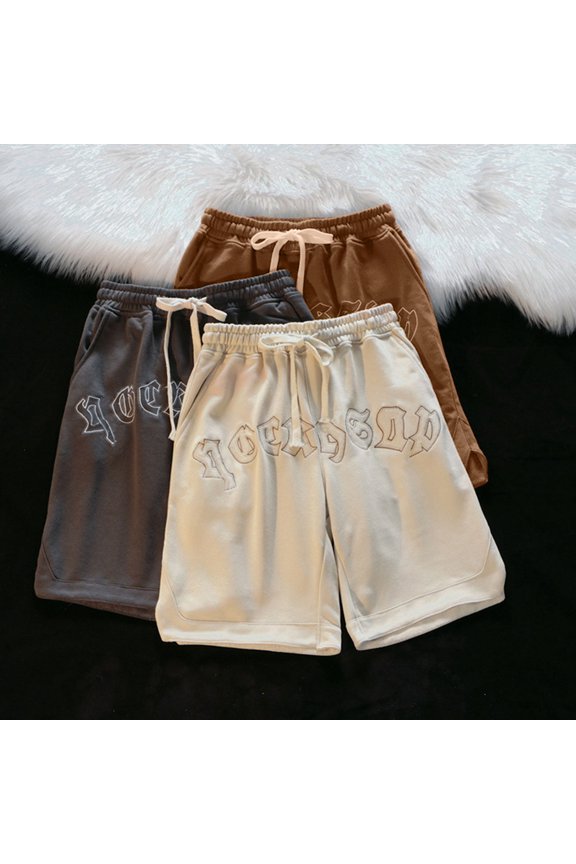 Summer Men Shorts Embroidery Letters Drawstring Pockets Straight Short Pants Streetwear