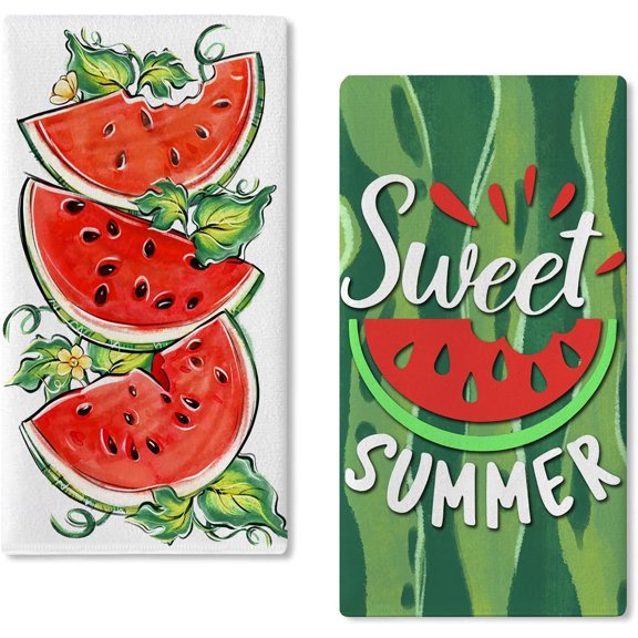zereue Sweet Summer Watermelon Kitchen Dish Towels Set of 2, Green Red Fruit Stripes Hand Towel Drying Baking Cooking Cloth, Seasonal Home Kitchen Decor 18x26