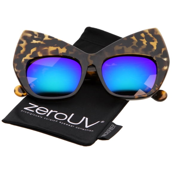 zeroUV Female Chunky Frame Colored Mirror Square Lens Oversized Cat Eye Sunglasses (Tortoise / Green-Blue Mirror) - 54mm