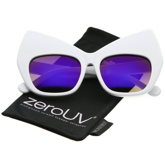 zeroUV Female Chunky Frame Colored Mirror Square Lens Oversized Cat Eye Sunglasses (White / Purple Mirror) - 54mm