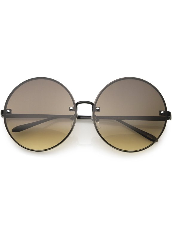 Female Large Rimless Womens Fashion Oversize Gradient Two-Toned Lens Round Sunglasses 65mm (Black / Brown Fade) - 65mm