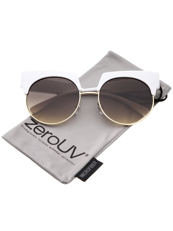 Female Oversize Bold Brow Wide Temple Round Lens Half-Frame Cat Eye Sunglasses 57mm (White-Gold / Smoke Gradient) - 57mm