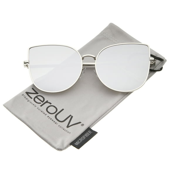 zeroUV Female Oversize Slim Metal Frame Colored Mirror Flat Lens Cat Eye Sunglasses (Shiny Silver / Silver Mirror) - 58mm