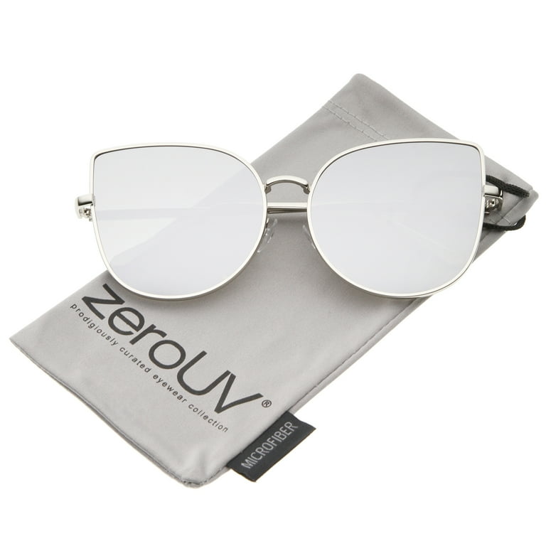 zeroUV Female Oversize Slim Metal Frame Colored Mirror Flat Lens Cat Eye Sunglasses Shiny Silver Silver Mirror 58mm