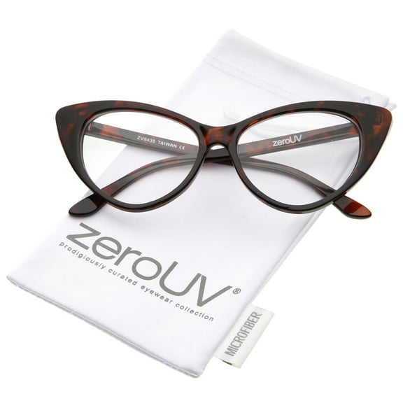 zeroUV Female Retro High Sitting Temples Clear Lens Exaggerated Cat Eye Glasses 55mm (Dark-Brown-Tortoise / Clear) - 55mm