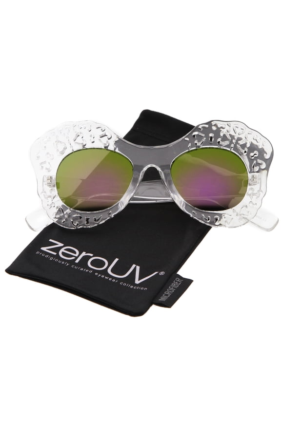 Female Transparent Cutout Frame Colored Mirror Lens Oversize Butterfly Sunglasses (Clear / Purple Mirror) - 49mm