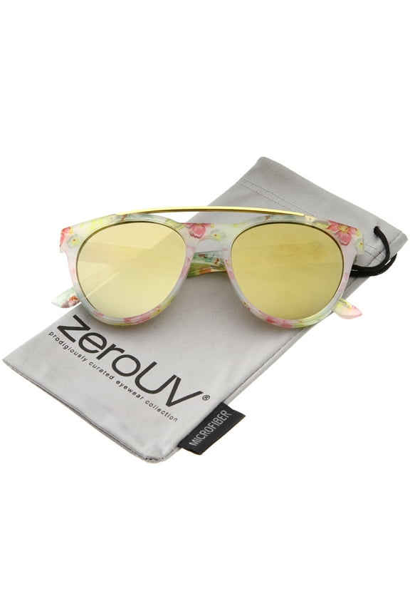 Female Women's Floral Metal Brow Bar Colored Mirror Lens P3 Round Sunglasses 50mm (White-Floral / Gold Mirror) - 50mm