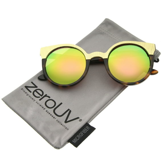 zeroUV Female Women's Metallic Trim Frame Colored Mirror Round Cat Eye Sunglasses 49mm (Tortoise-Gold / Orange-Green Mirror) - 49mm