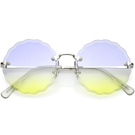 zeroUV Female Women's Modern Round Rimless Floral Frame Gradient Colored Lenses 60mm (Silver / Blue Yellow Fade) - 60mm