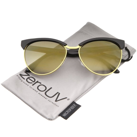 zeroUV Female Women's Oversize Half-Frame Colored Mirror Lens Cat Eye Sunglasses 58mm (Black-Gold / Gold Mirror) - 58mm