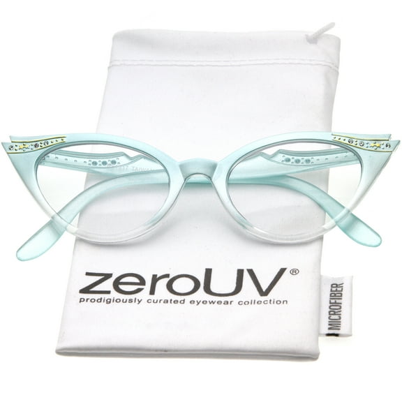 zeroUV Female Women's Retro Rhinestone Embellished Clear Lens Cat Eye Glasses 51mm (Mint / Clear) - 51mm