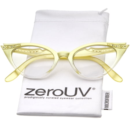 zeroUV Female Women's Retro Rhinestone Embellished Clear Lens Cat Eye Glasses 51mm (Yellow / Clear) - 51mm