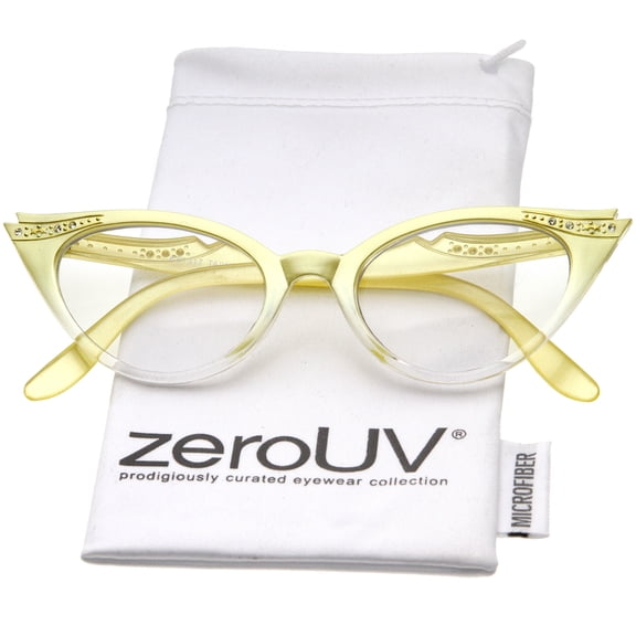 zeroUV Female Women's Retro Rhinestone Embellished Clear Lens Cat Eye Glasses 51mm (Yellow / Clear) - 51mm