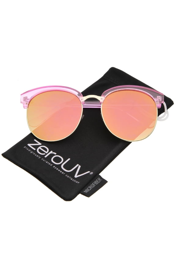 - Oversize Transparent Half-Frame Mirrored Flat Lens Round Sunglasses 68mm - 58mm