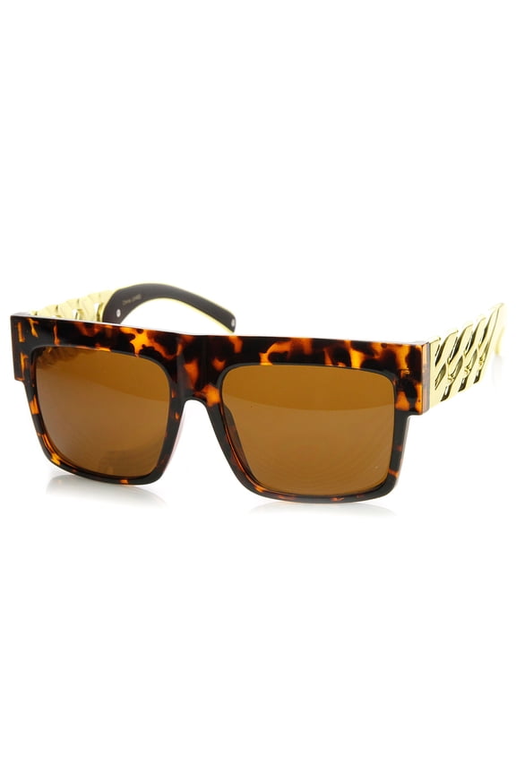 Unisex High Fashion Metal Chain Arm Flat Top Aviator Sunglasses (Tortoise Gold) - mm