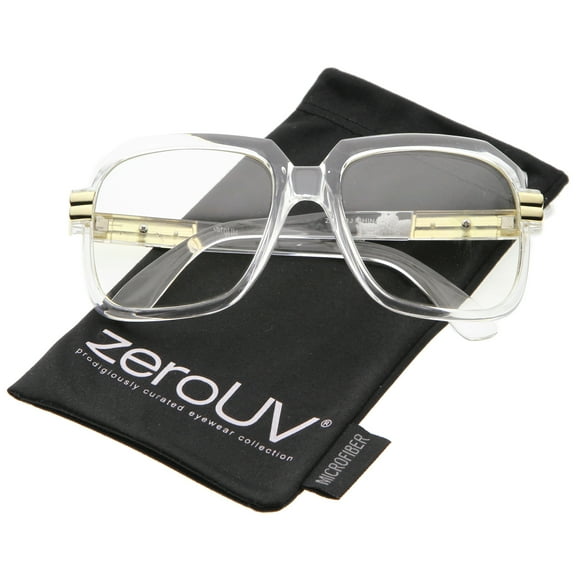 zeroUV Unisex Large Chunky Metal Accented Temples Clear Lens Square Glasses 55mm (Clear-Gold / Clear) - 55mm