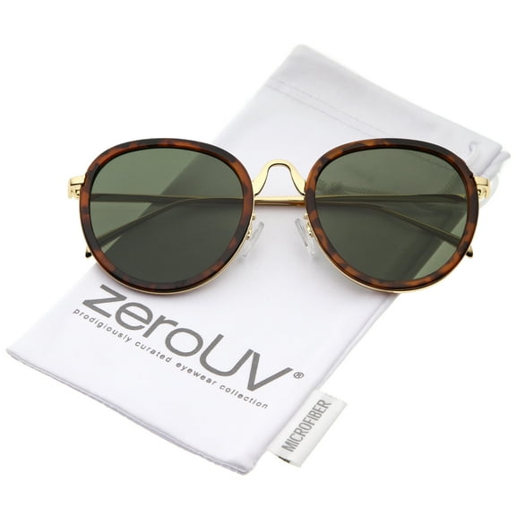 zeroUV Unisex Modern Arched Metal Nose Bridge Slim Temples Flat Lens Round Sunglasses 52mm (Tortoise-Gold / Green) - 52mm