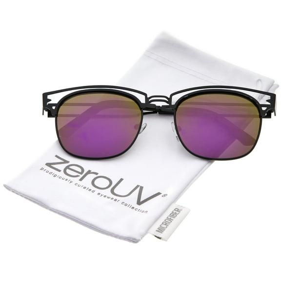zeroUV Unisex Modern Open Metal Colored Mirror Square Flat Lens Horn Rimmed Sunglasses 53mm (Black / Magenta Mirror) - 53mm