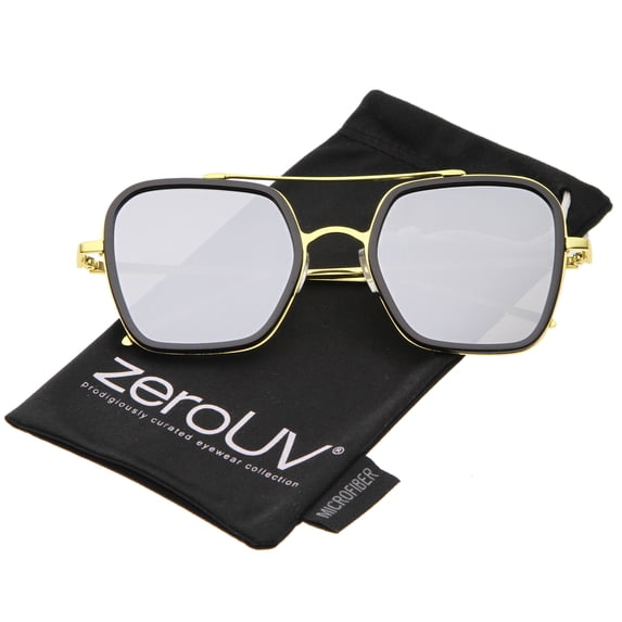 zeroUV Unisex Modern Slim Temple Browbar Color Mirrored Flat Lens Square Sunglasses 52mm (Black-Gold / Silver Mirror) - 52mm