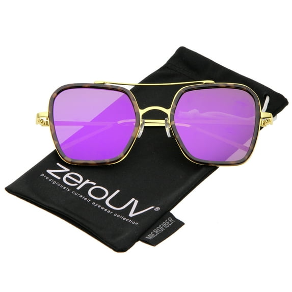 zeroUV Unisex Modern Slim Temple Browbar Color Mirrored Flat Lens Square Sunglasses 52mm (Tortoise-Gold / Purple Mirror) - 52mm